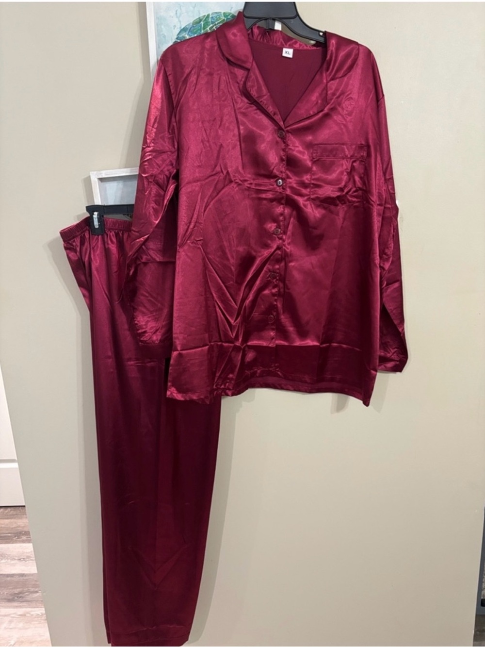 Silky Satin Burgundy Women's Pajama Set - Classic Button-Up Top & Pants